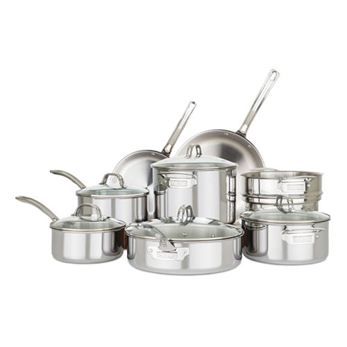 Set of stainless steel cookware including pots, pans, and steamers with glass lids and metal handles.