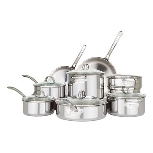 Set of stainless steel cookware including pots, pans, and steamers with glass lids and metal handles.