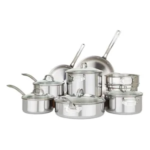 Set of stainless steel cookware including pots, pans, and steamers with glass lids and metal handles.