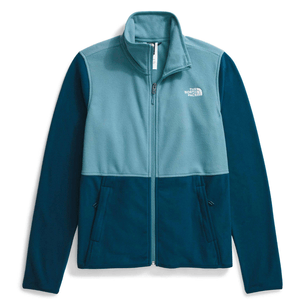 A two-tone blue zip-up fleece jacket featuring The North Face logo on the chest, with full sleeves and side pockets.