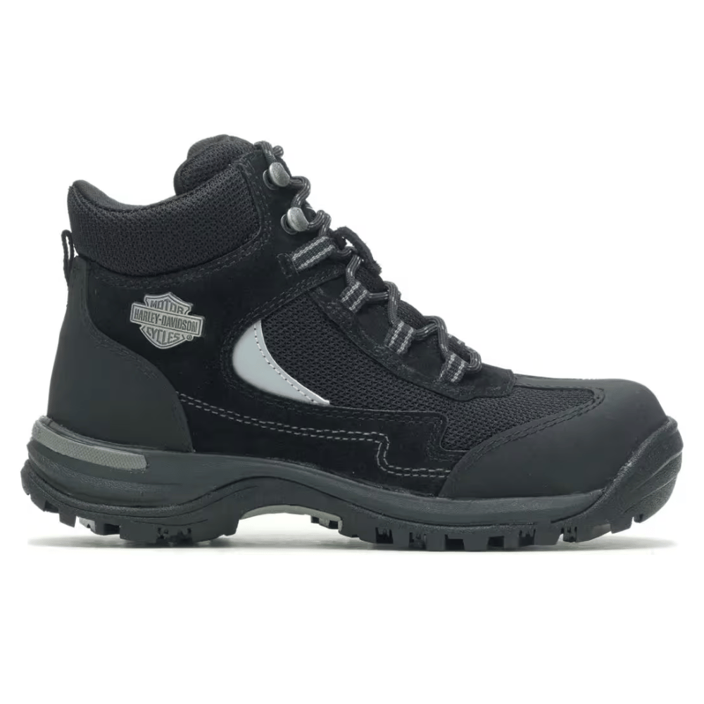 Black Harley-Davidson hiking boot with mesh panels, padded collar, and rugged outsole, featuring silver eyelets and a logo badge on the side.