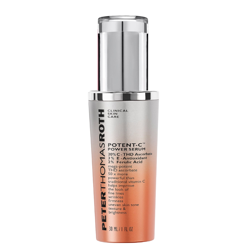 Peter Thomas Roth Potent-C Power Serum features 20% THD Ascorbate, 3% E-Antioxidant, and 2% Ferulic Acid. It's designed to improve fine lines, wrinkles, firmness, and skin tone with a 30 ml capacity.