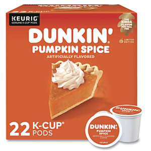 Dunkin' Pumpkin Spice artificially flavored coffee pods for Keurig machines, limited edition, with 22 K-Cup pods per box.