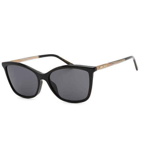 Black sunglasses with a slightly cat-eye shape, featuring dark lenses and thin arms with a subtle logo on the side.