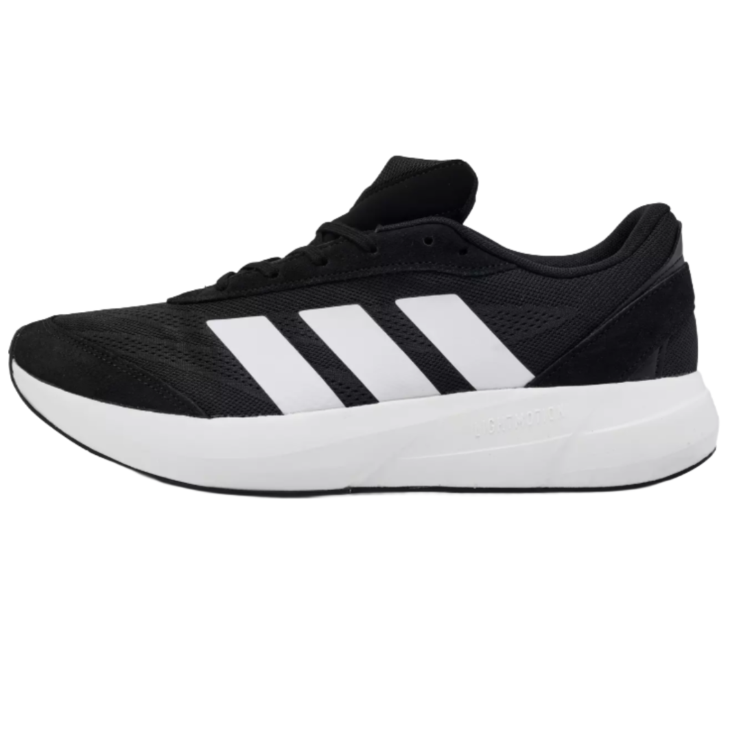 Black athletic shoe with a white sole and three white stripes on the side, featuring mesh fabric and cushioning labeled \“LIGHTMOTION\“.