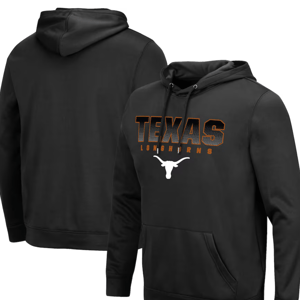 Black hoodie featuring \“Texas Longhorns\“ text and a Longhorn logo on the front, with a kangaroo pocket and drawstring hood.