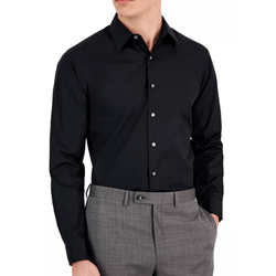 A man is wearing a black dress shirt with long sleeves and gray dress trousers.