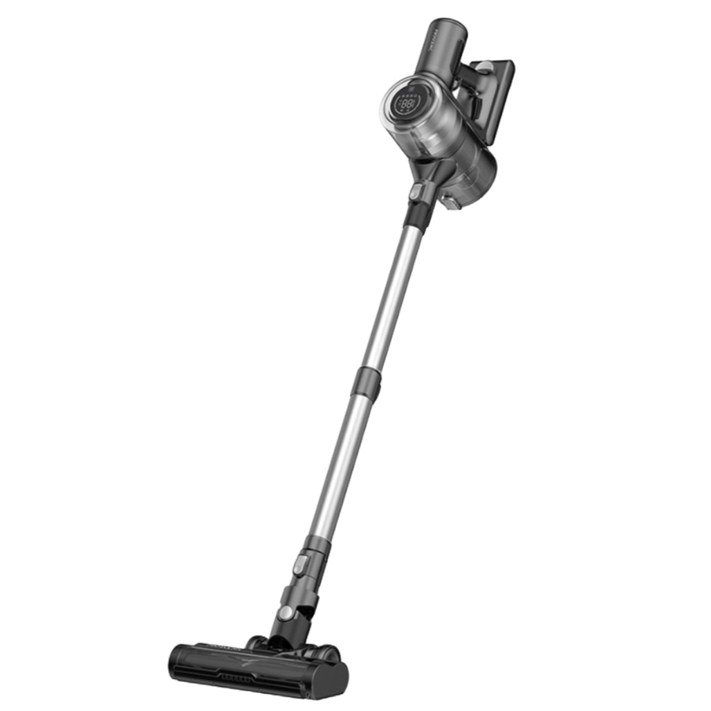 Sleek cordless vacuum with a long, adjustable handle and a compact motor housing at the top, featuring a digital display for settings, designed for efficient cleaning.