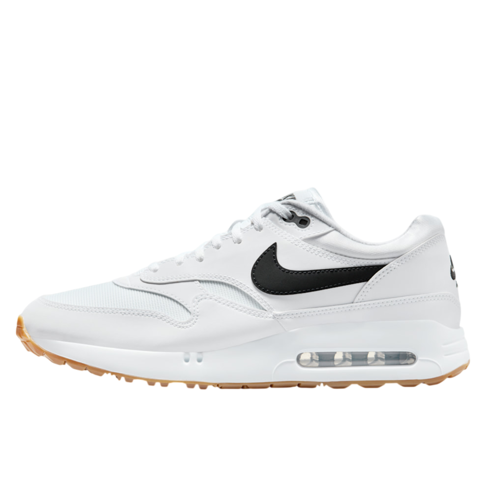 White Nike Air Max sneaker with a black swoosh and a gum sole, featuring visible air cushioning in the heel.