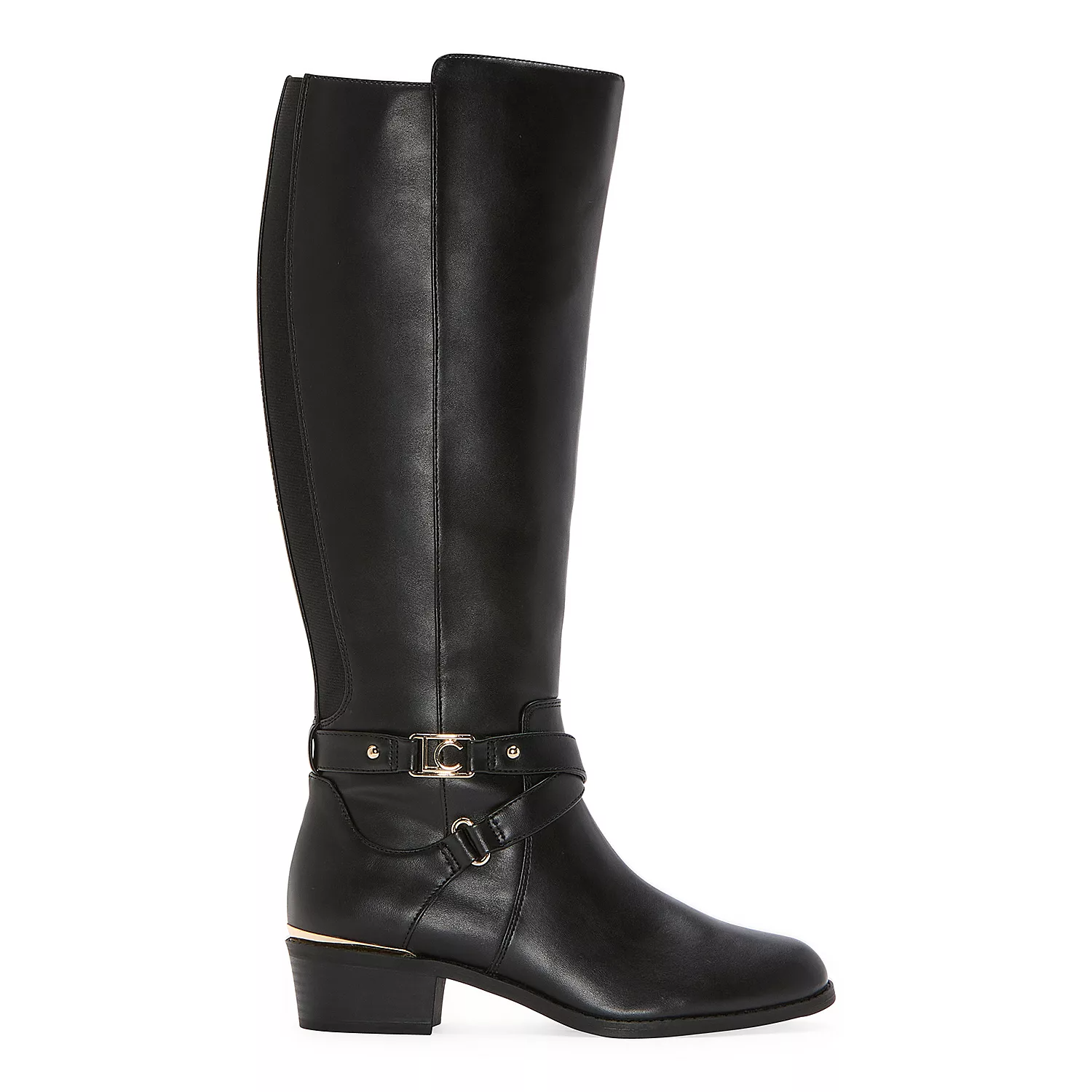Black Liz Claiborne riding boots featuring a knee-high design, a decorative ankle strap with gold-tone buckle, and a block heel.