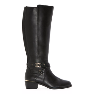 Black Liz Claiborne riding boots featuring a knee-high design, a decorative ankle strap with gold-tone buckle, and a block heel.