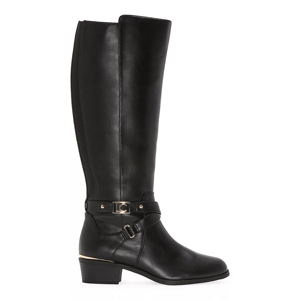 Black Liz Claiborne riding boots featuring a knee-high design, a decorative ankle strap with gold-tone buckle, and a block heel.