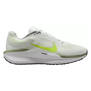 Nike Women's Winflo 11 Running Shoes feature a sleek mesh design in white with a light green swoosh, offering cushioning and support for enhanced performance.