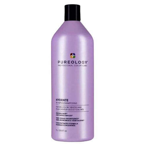 Pureology Hydrate Shampoo, 1L bottle, designed for dry, color-treated hair, featuring an AntiFadeComplex and 100% vegan ingredients.