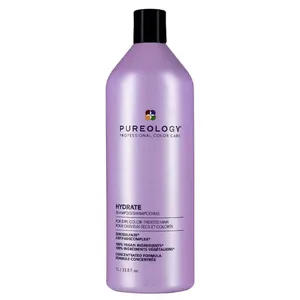 Pureology Hydrate Shampoo, 1L bottle, designed for dry, color-treated hair, featuring an AntiFadeComplex and 100% vegan ingredients.