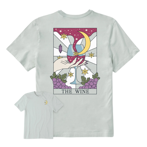 Cream t-shirt featuring a tarot-style design with a glass of wine, stars, and a crescent moon labeled \“The Wine\“ on the back, and a small crescent moon on the front.