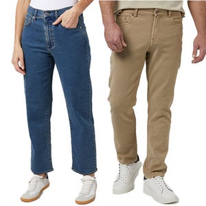 A pair of blue jeans and a pair of beige pants, both worn by people with white sneakers.
