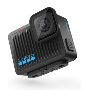 A GoPro action camera featuring a rugged design, large lens, and blue branding, ideal for capturing high-quality video in challenging environments.