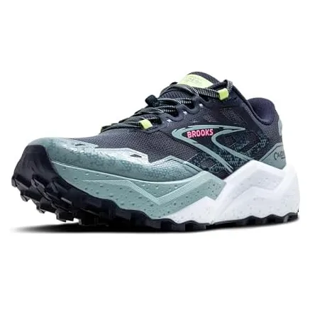 Trail running shoe with a rugged tread design, primarily in shades of blue and gray, featuring a Brooks logo and neon yellow accents.
