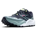 Trail running shoe with a rugged tread design, primarily in shades of blue and gray, featuring a Brooks logo and neon yellow accents.