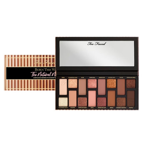 Too Faced Born This Way The Natural Nudes Eyeshadow Palette features 16 shades in natural, earthy tones, ranging from soft nudes to rich browns, with both matte and shimmer finishes.