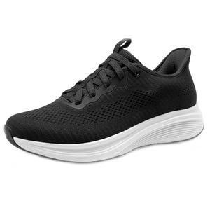 Black athletic shoe with a breathable mesh upper and white sole. Includes black laces and a loop on the tongue for easy wear.