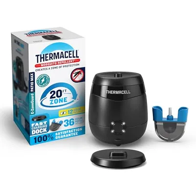 Thermacell mosquito repellent system, including a Patio Shield unit with a 20-foot protection zone, a fast charging dock, and a refill cartridge for 36 hours of repellency.