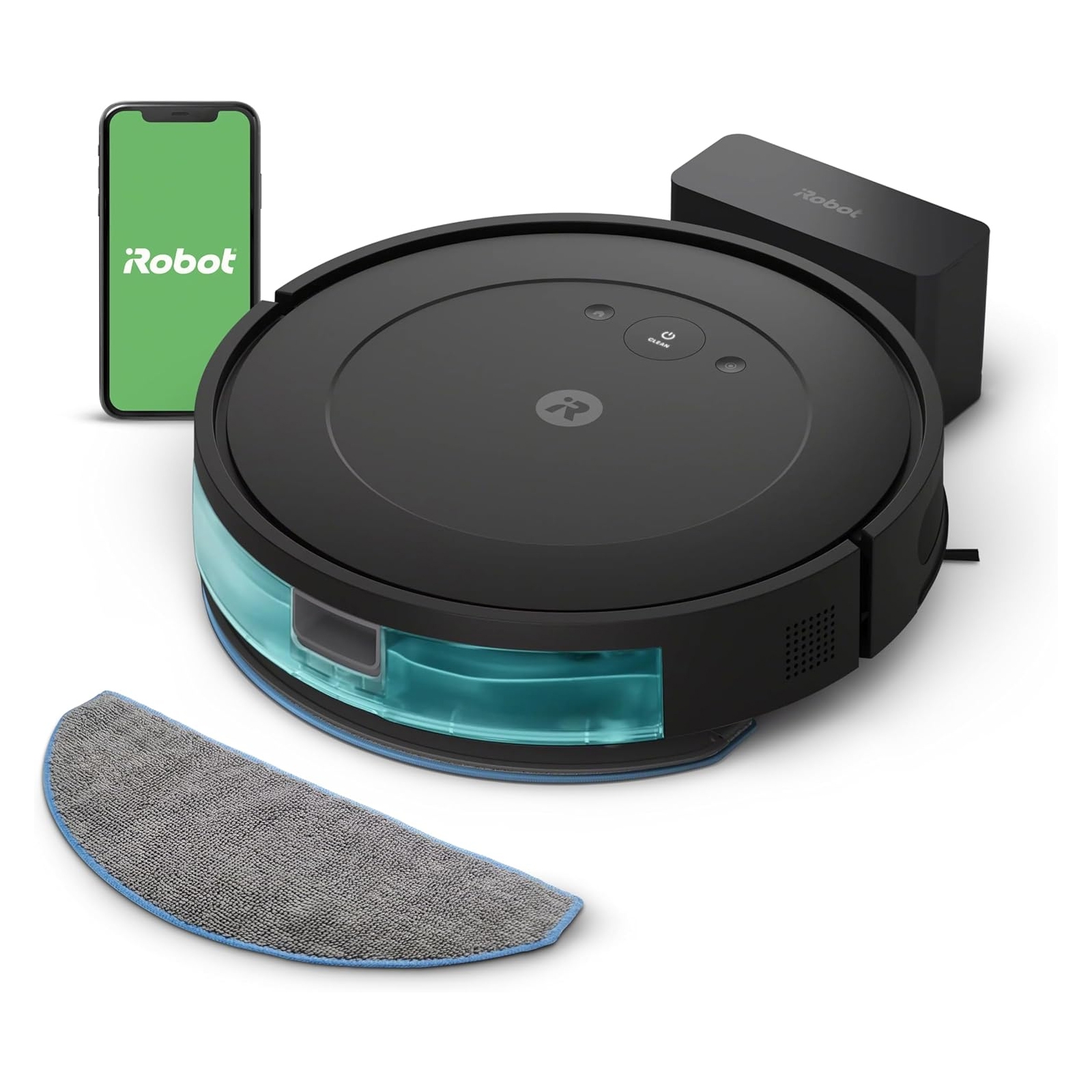 A black Roomba vacuum and mop combo with a charging dock and a detachable cleaning pad, accompanied by a smartphone displaying the iRobot app.