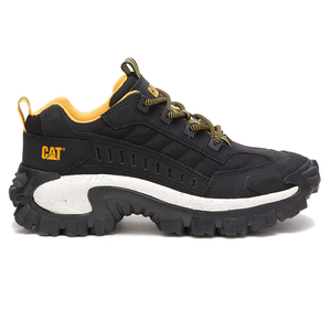 Black sneakers with yellow accents, featuring a chunky white sole and the CAT logo on the side.