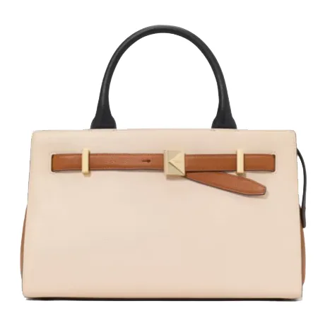 A stylish handbag featuring a beige body, brown accent strap with gold hardware, and black handles.