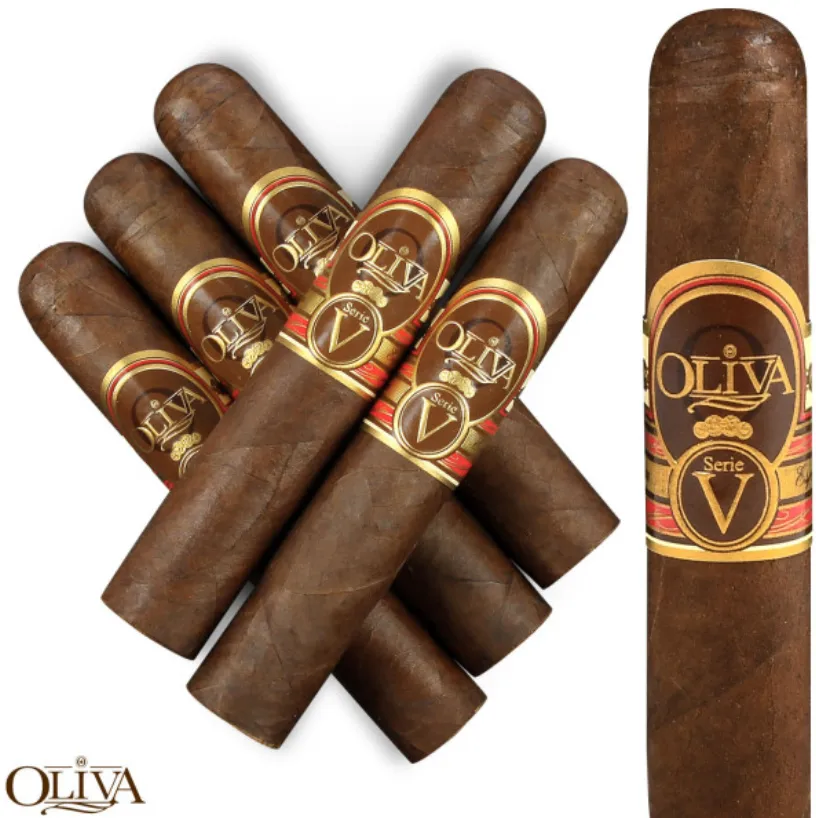 A collection of six Oliva Serie V cigars with gold and red labels.