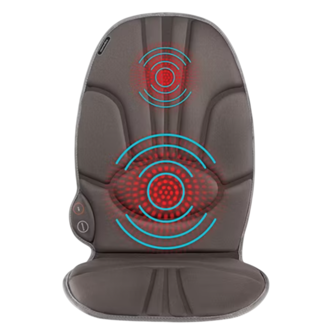 A gray massage seat cushion features targeted vibration zones with red and blue highlighting, designed for pain relief in aching muscles.