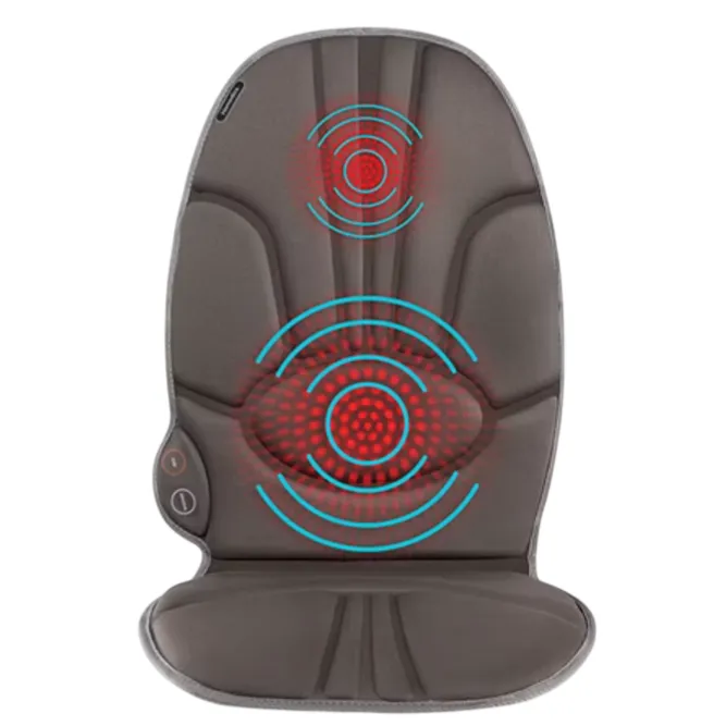 A gray massage seat cushion features targeted vibration zones with red and blue highlighting, designed for pain relief in aching muscles.