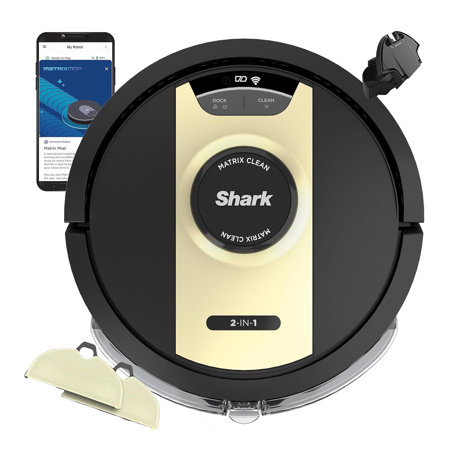 Shark Robot Mop Vacuum features 2-in-1 cleaning with Matrix Clean technology, includes two mop pads, and is app-controlled.