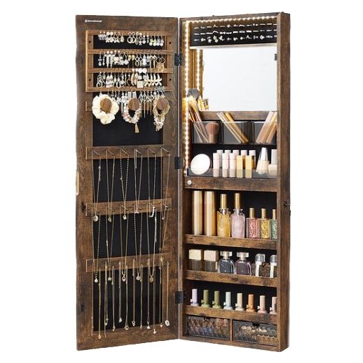 A wall-mounted mirror jewelry cabinet with LED lights features organized sections for earrings, necklaces, bracelets, and rings. It includes shelves for cosmetics, perfumes, and other accessories. The interior is designed to keep items neatly arranged and accessible.