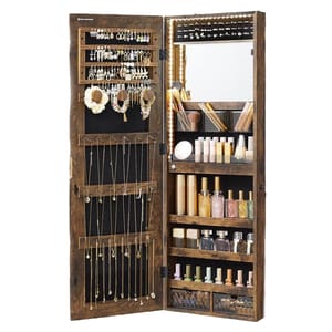 A wall-mounted mirror jewelry cabinet with LED lights features organized sections for earrings, necklaces, bracelets, and rings. It includes shelves for cosmetics, perfumes, and other accessories. The interior is designed to keep items neatly arranged and accessible.