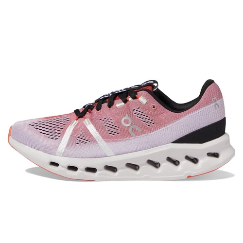 On Men's Cloudsurfer Shoes feature a pink and black color scheme with a breathable mesh upper and distinctive cushioning system for enhanced comfort and support.