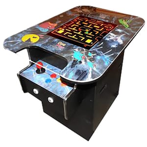 Cocktail-style arcade machine featuring a Pac-Man theme with controls on either side for two players and a screen displaying a maze game. It includes 412 classic games.