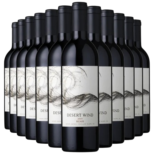 A set of twelve bottles of Desert Wind 2019 Ruah wine, featuring a minimalist label design with a swirling abstract illustration.