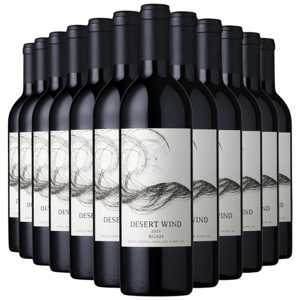 A set of twelve bottles of Desert Wind 2019 Ruah wine, featuring a minimalist label design with a swirling abstract illustration.