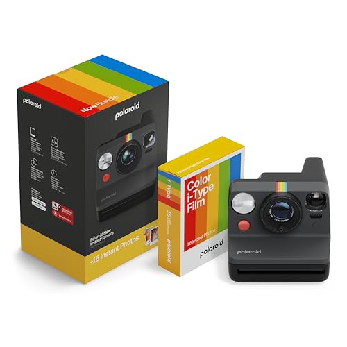 Polaroid Now i-Type Instant Camera bundle in black with a box of Color i-Type Film, capable of producing 16 instant photos.