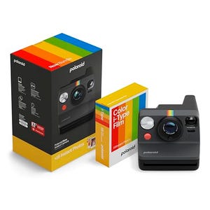 Polaroid Now i-Type Instant Camera bundle in black with a box of Color i-Type Film, capable of producing 16 instant photos.