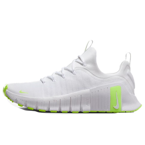 Nike Men's Free Metcon 6 Shoes feature a sleek white design with vibrant green accents, a flexible sole for agility, and a breathable mesh upper for comfort.