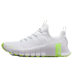 Nike Men's Free Metcon 6 Shoes feature a sleek white design with vibrant green accents, a flexible sole for agility, and a breathable mesh upper for comfort.