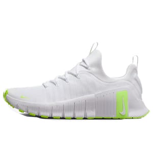 Nike Men's Free Metcon 6 Shoes feature a sleek white design with vibrant green accents, a flexible sole for agility, and a breathable mesh upper for comfort.