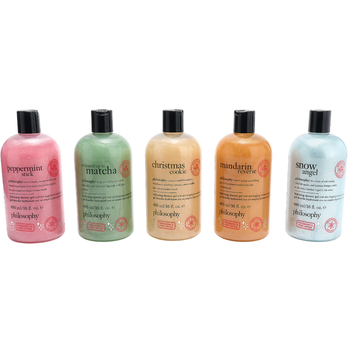 Five Philosophy shower gels, each 480 ml, with scents: peppermint stick, wrapped up in matcha, christmas cookie, mandarin reverie, and snow angel, displayed side-by-side.