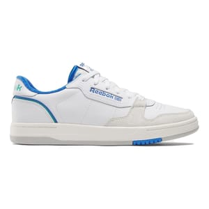 The Reebok Phase Court Shoes are white low-top sneakers featuring blue accents, a white sole, and classic Reebok branding with a retro design.