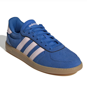Adidas Breaknet Cloudfoam Sneakers feature a blue suede upper with white stripes, a gum rubber sole, and blue laces, offering a classic sporty design with enhanced cushioning for comfort.