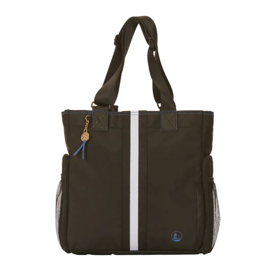 A black tote bag featuring dual handles, a white vertical stripe, side mesh pockets, and a decorative charm.