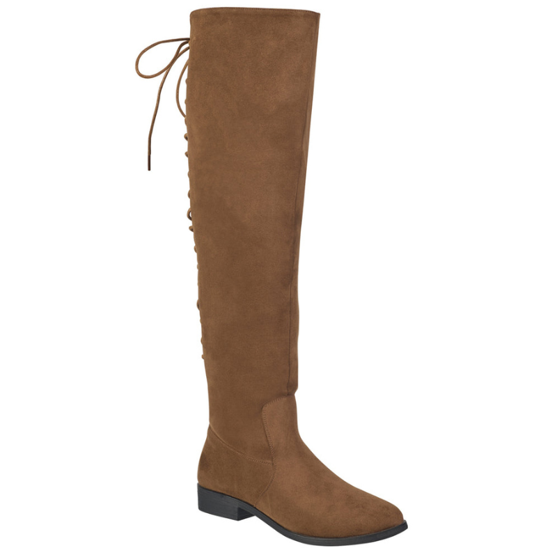Brown over-the-knee boots with a suede-like finish, featuring lace-up detail at the back and a low block heel.